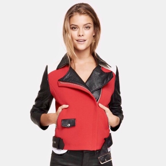 Express Color Block Moto Jacket Red Black & White - Picture 2 of 7